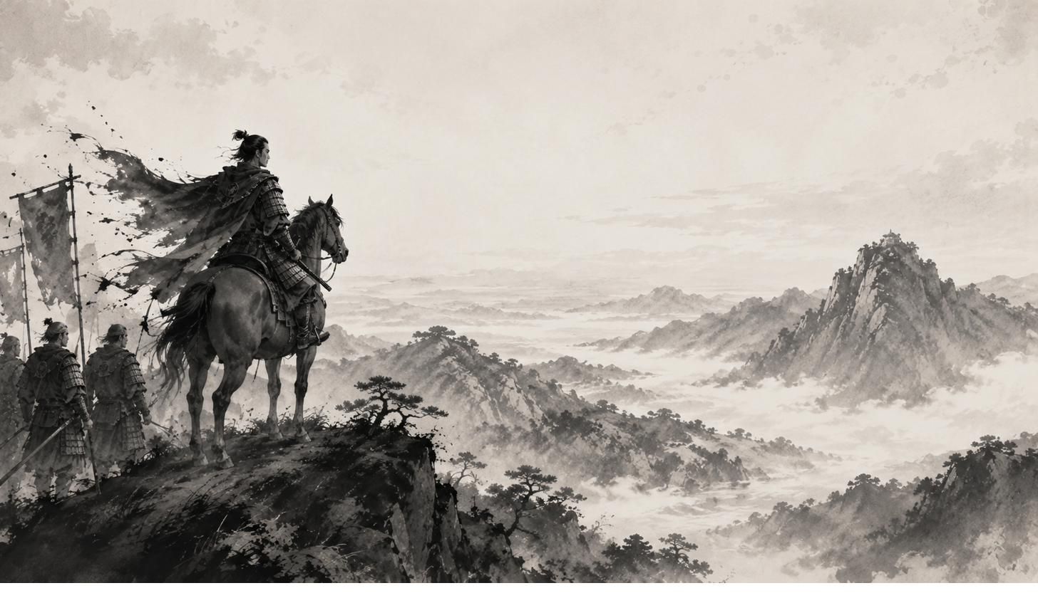 Jinete samurái con estandartes contempla un valle de montañas